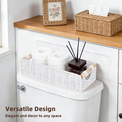 CubesLand Back of Toilet Storage Basket for Organizing w/Cut Out Handle, Handwoven Toilet Tank Top Paper Baskets, Small Wicker Decorative Basket for Countertop, Home, Living Room, Nursery, White