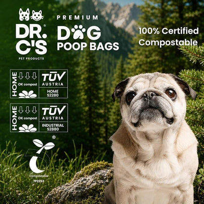 100% Certified Compostable Dog Poop Bags - Dr. C's Premium Dog Poop Bags - 270 Bags / 18 Rolls, Extra thick, Leak Proof, Unscented, Plant Based and Earth Friendly