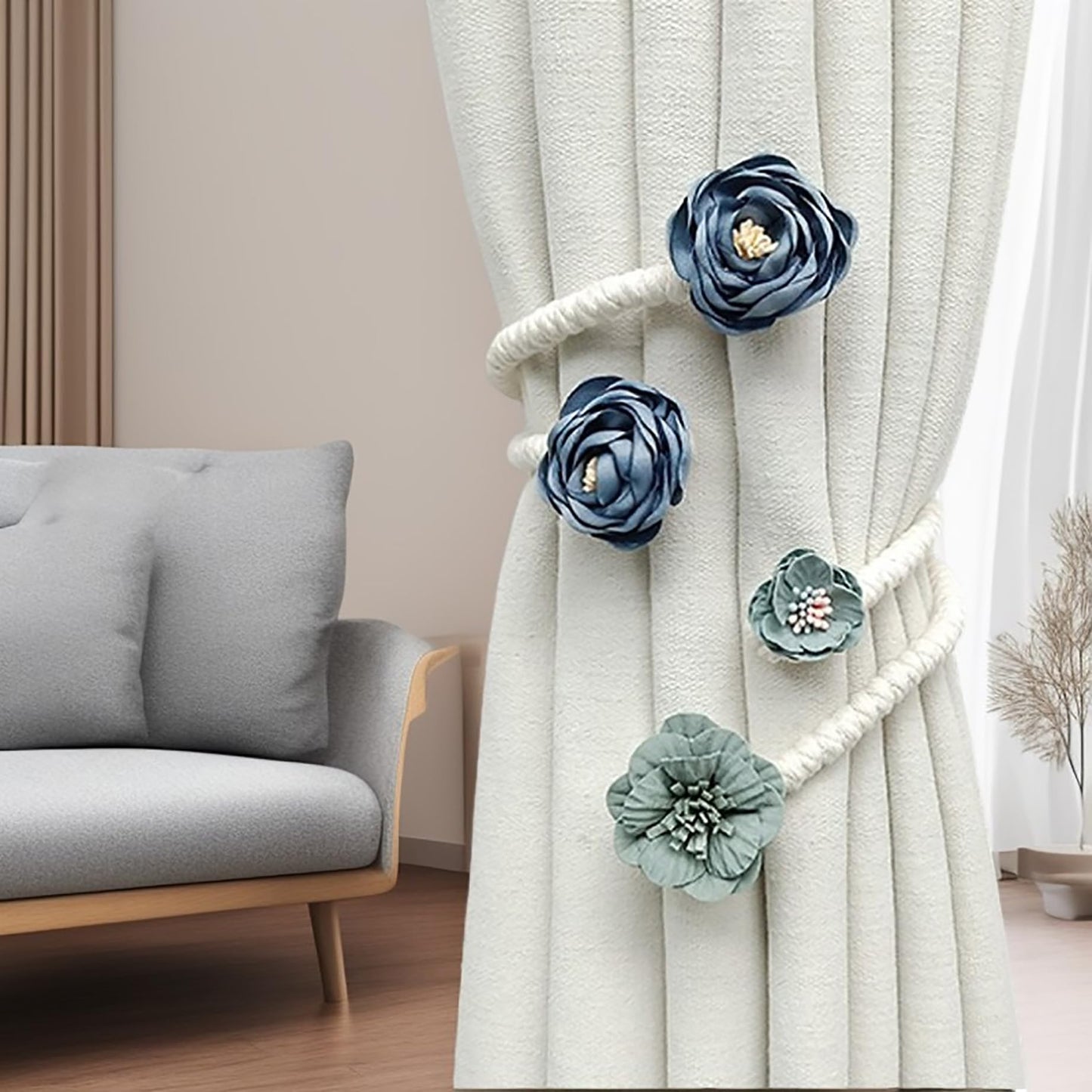 Flower Curtain Tie Backs, Flexible Curtain Holdbacks Clips Cute Twist Bough Handmade Curtain Tieback Decorative Rope for Besdroom Window Treatment (2, Rose Flower Blue)