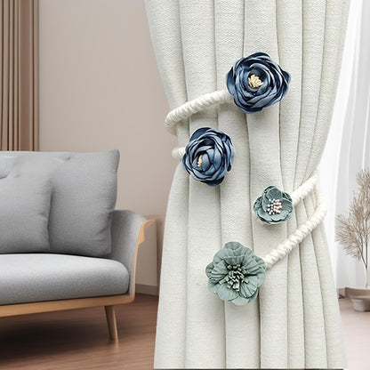 Flower Curtain Tie Backs, Flexible Curtain Holdbacks Clips Cute Twist Bough Handmade Curtain Tieback Decorative Rope for Besdroom Window Treatment (2, Rose Flower Blue)