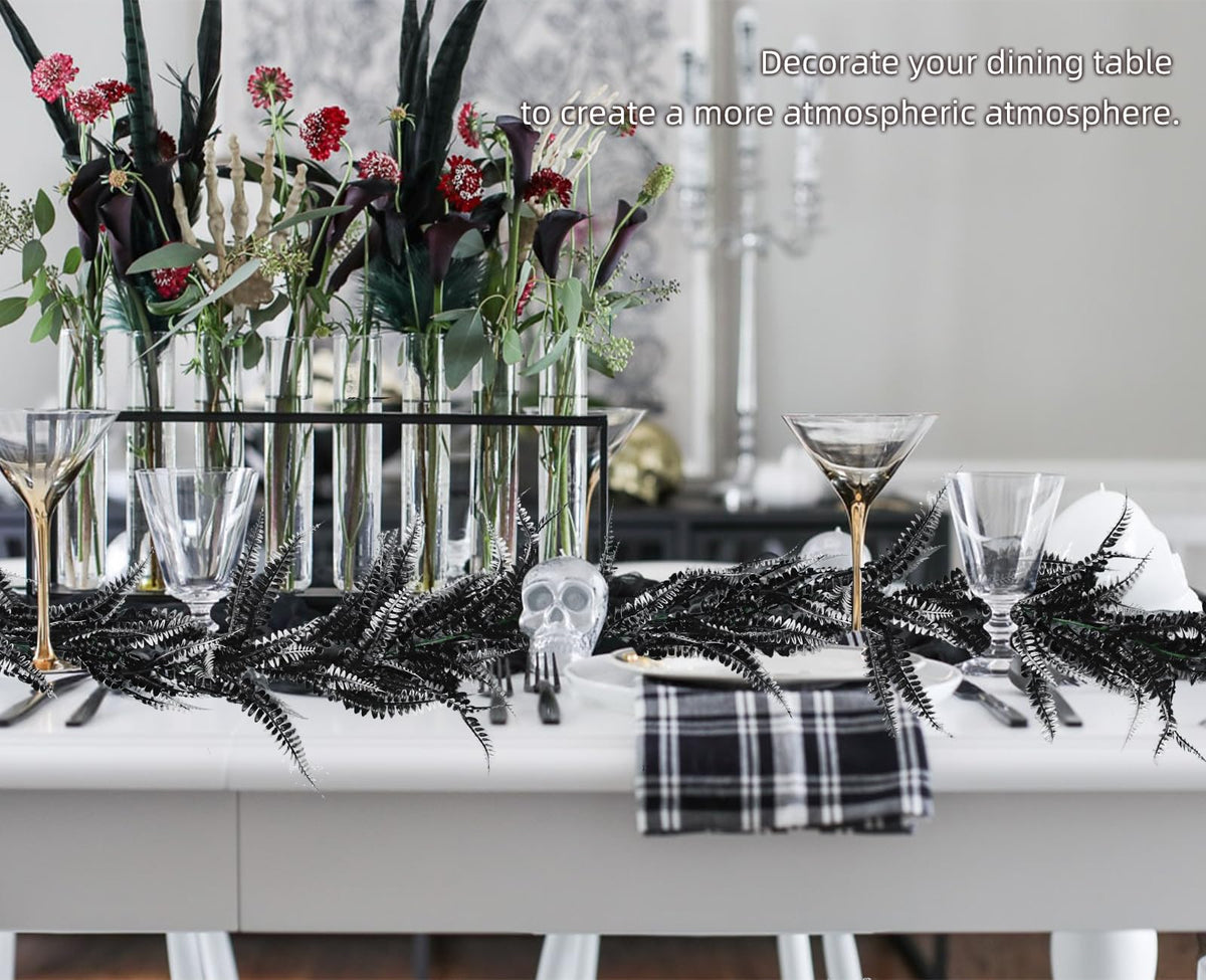 RECUTMS 2pcs Black Garland Artificial Boston Palnts 6 FT Fern Garland Faux Hanging Greenery Halloween Wreath for Outdoor Indoor Halloween Decor (Black White)