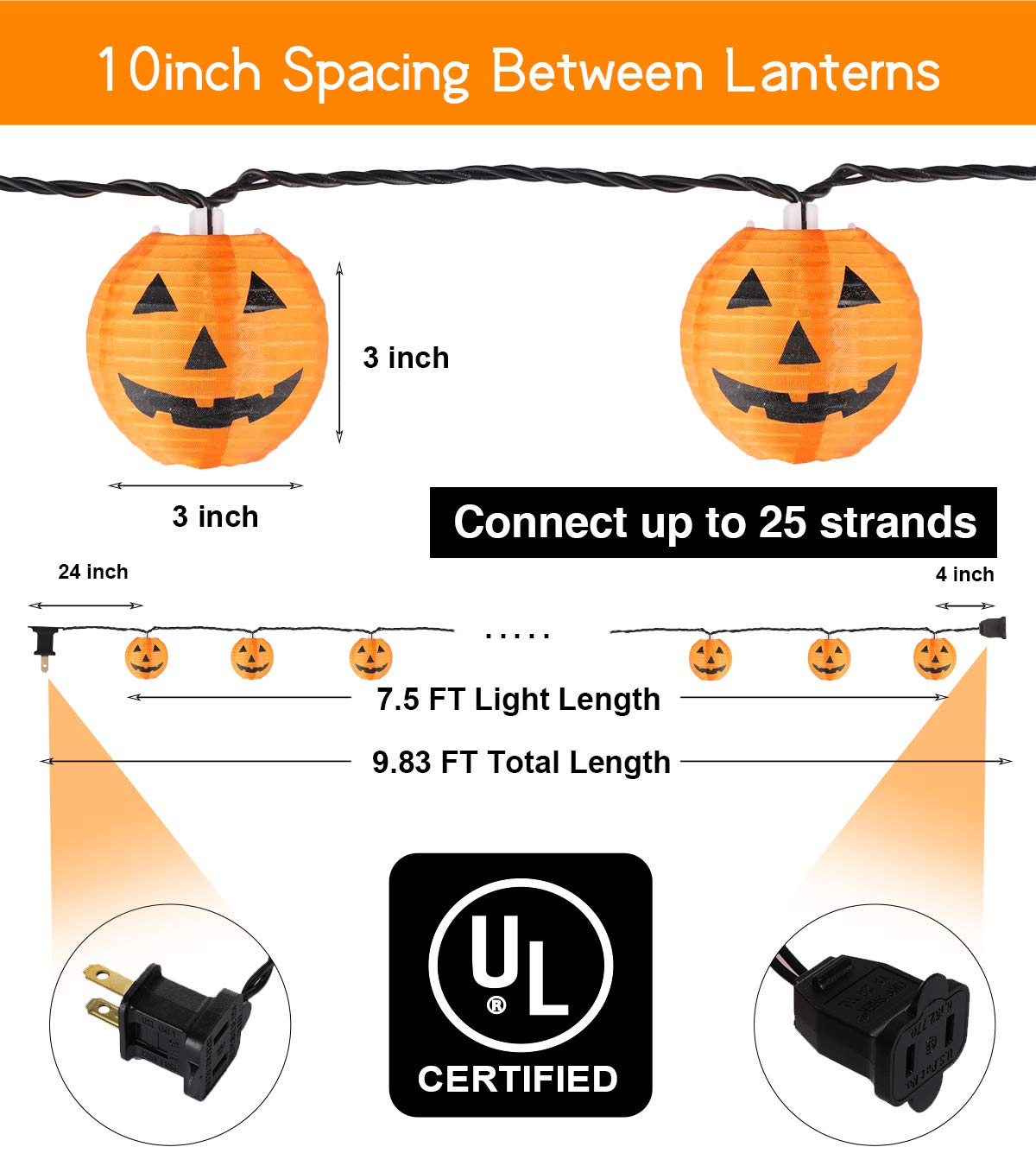 TIGOMOOV Halloween Lantern String Lights, Jack O Lanterns Pumpkin String Lights Plug in, 10 Orange Lights String 9.83FT Connectable Indoor/Outdoor Halloween Decorations