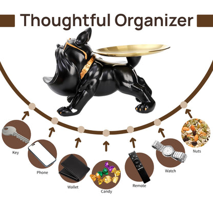 Nagpew French Bulldog Tray, Resin Bulldog Statue Candy Dish, Cool Black Key Holder Jewelry Bowl Decor for Entryway, Table, Office, Modern Art