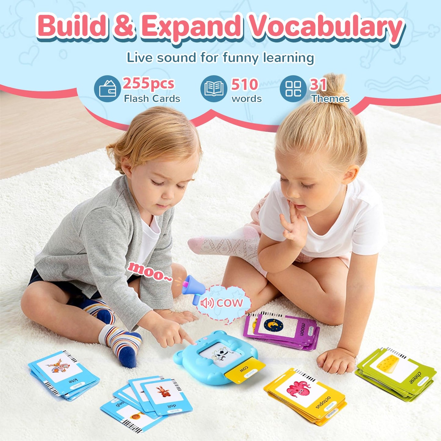 English Talking Flash Cards for Toddlers, 510 Sight Words for Learning Toys, Montessori Toys, Pocket Speech for Therapy Toys, Children's Sensory Preschool Birthday Gift for 1-6 Years Old Boys & Girls