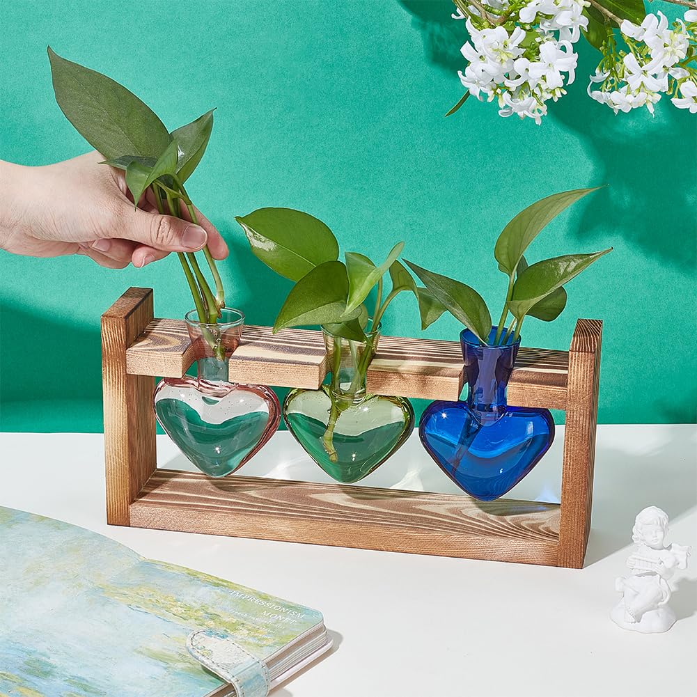 UNICRAFTALE Hydroponics Plant Propagation Stations Plant Terrarium with Wooden Stand Air Plants Bulb Heart Glass Vase for Hydroponics Home Garden Office Decoration Unique Gardening Gifts 11"x3.03"