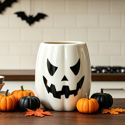 pinata Halloween Kitchen Decor Ceramic White Pumpkin Utensil Holder, Cute Halloween Utensils Holder, Ceramic Utensils Crock for Rustic Farmhouse Indoor Kitchen Decorations(6.3 Inches)