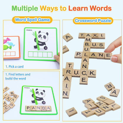 Humerry Spelling Game for Kids Ages 3-8, Word Building & Sight Word Games, Phonics Learning Toy with 100 Wooden Letter Tiles & 30 Double-Sided Flashcards, Preschool Kindergarten Early Reading Game