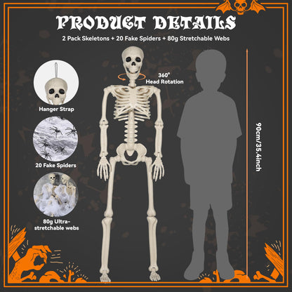2 Pack 36" Skeleton Halloween Decorations,3Ft Plastic Posable Skeleton with Movable Joints,with 20 Spiders & Spider Webs for Halloween Party Decorations,Yard Haunted House Props Indoor Outdoor Decor