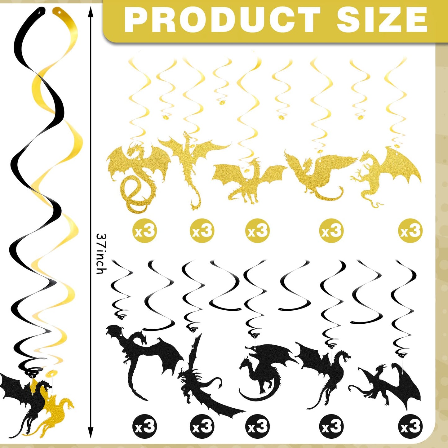 Sumind 30 Pcs Dragon Hanging Swirls Party Decorations, Black and Gold Dragon Ceiling Hanging Decor for Medieval Fantasy Themed Birthday Party Supplies, 10 Designs