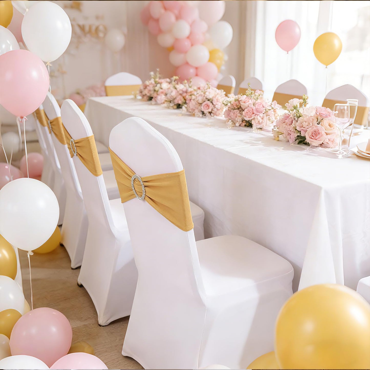 MehelloFeather Spandex Chair Sashes 50Pcs Chair Bows for Weddings Parties Holiday Celebrations and Event Decorations(Gold)