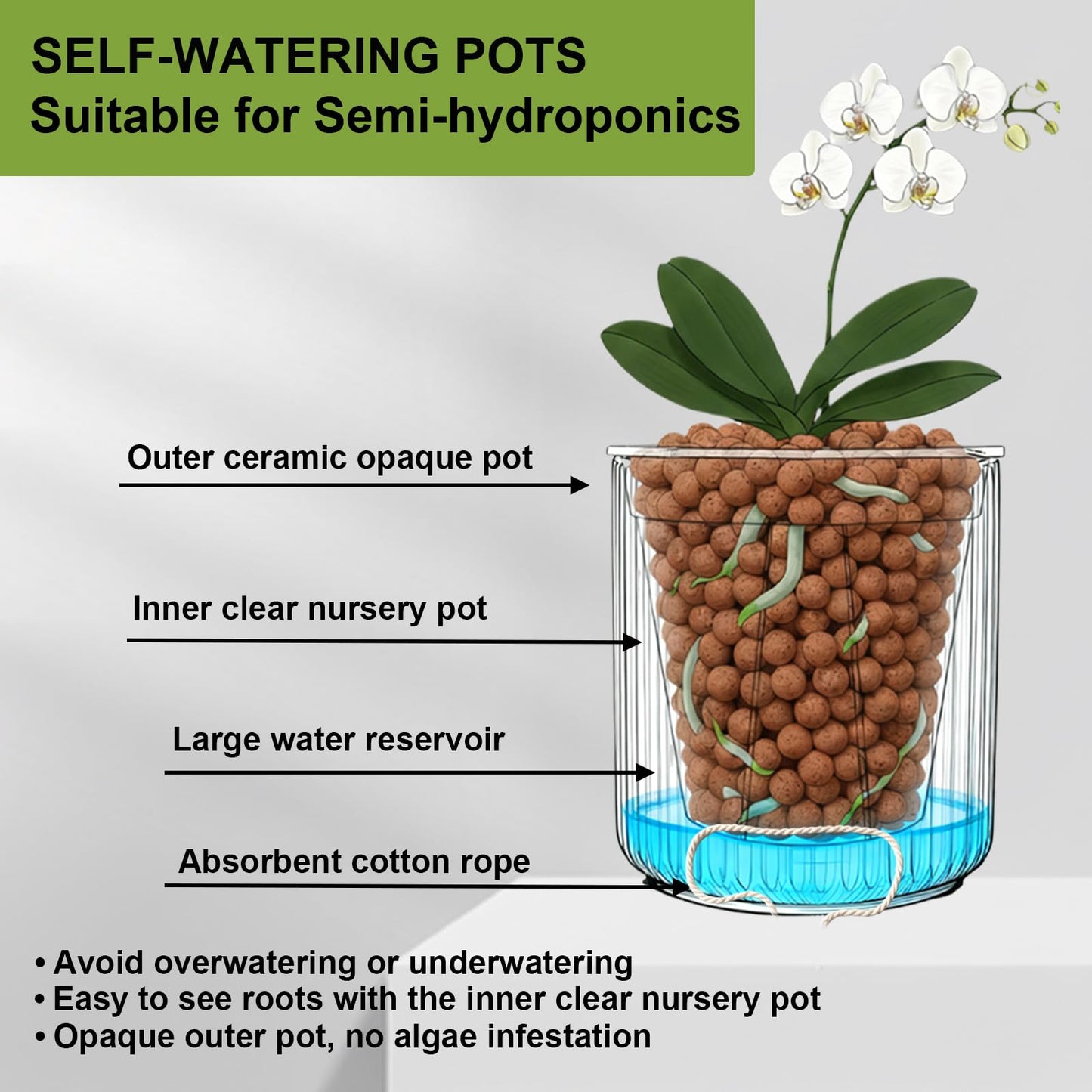 TineDew 2 Pack of 4in Ceramic Cachepot with 4 inch Clear nusery Pot - self Watering Indoor Planter with Drainage for Root Visibility,semi Hydro pots for repotting Succulent,Black
