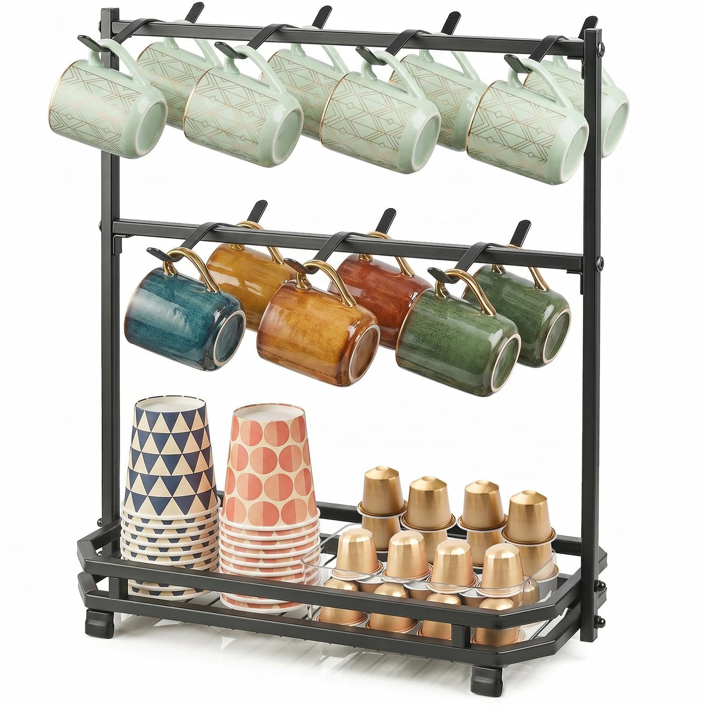 Samhe Coffee Mug Holder for Countertop, Coffee Cup Holder Rack with 14 Hooks, Metal Mug Tree Stand with Storage Base for K Cup Coffee Pod Paper Cups Tea Bag - Black
