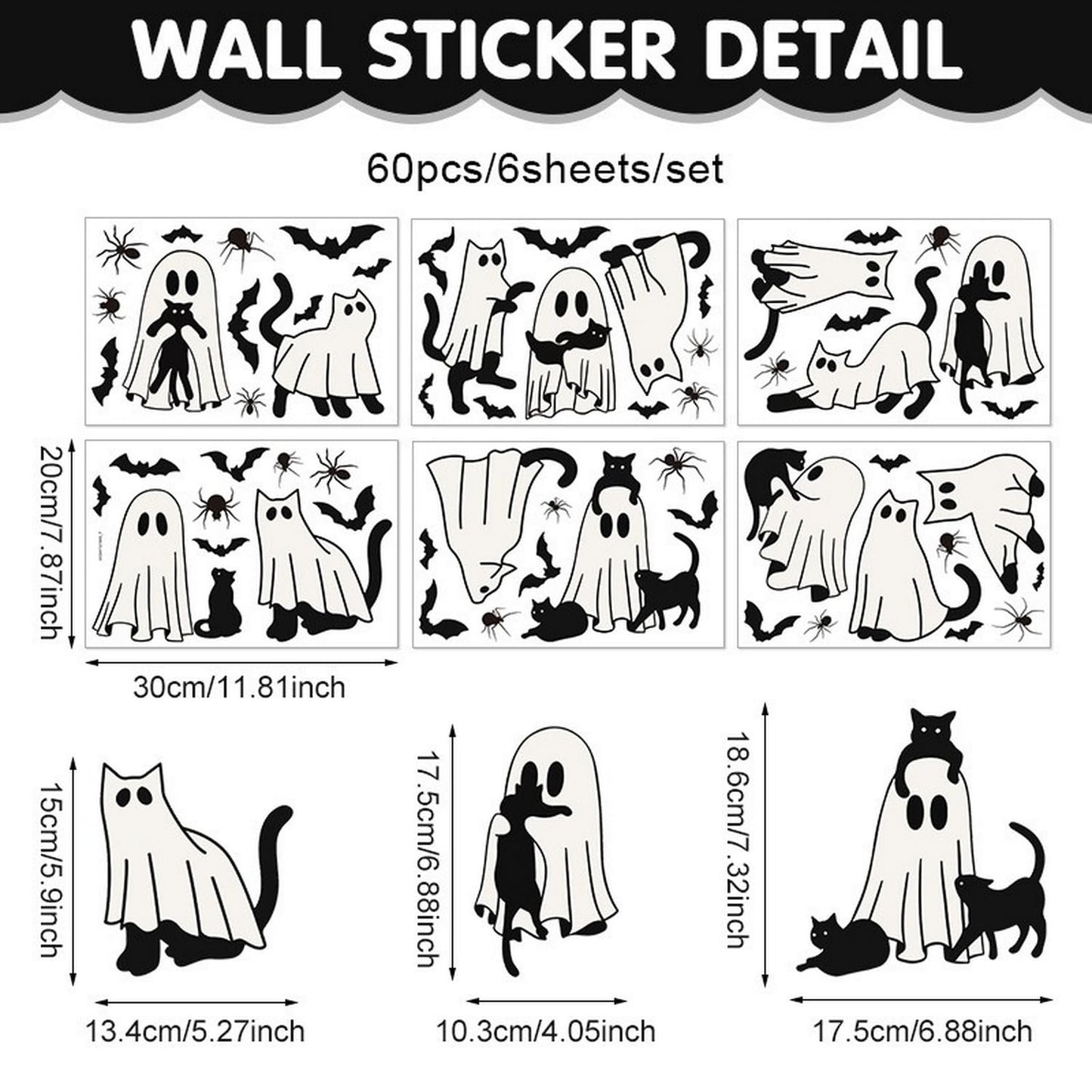 Halloween Ghost Window Clings for Glass 6 Sheets Cute Window Decals Spooky Window Stickers Cat Spider Reusable Windows Cling for Halloween Fall Party Home School Office Glass Supplies Decorations