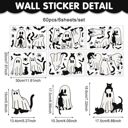 Halloween Ghost Window Clings for Glass 6 Sheets Cute Window Decals Spooky Window Stickers Cat Spider Reusable Windows Cling for Halloween Fall Party Home School Office Glass Supplies Decorations