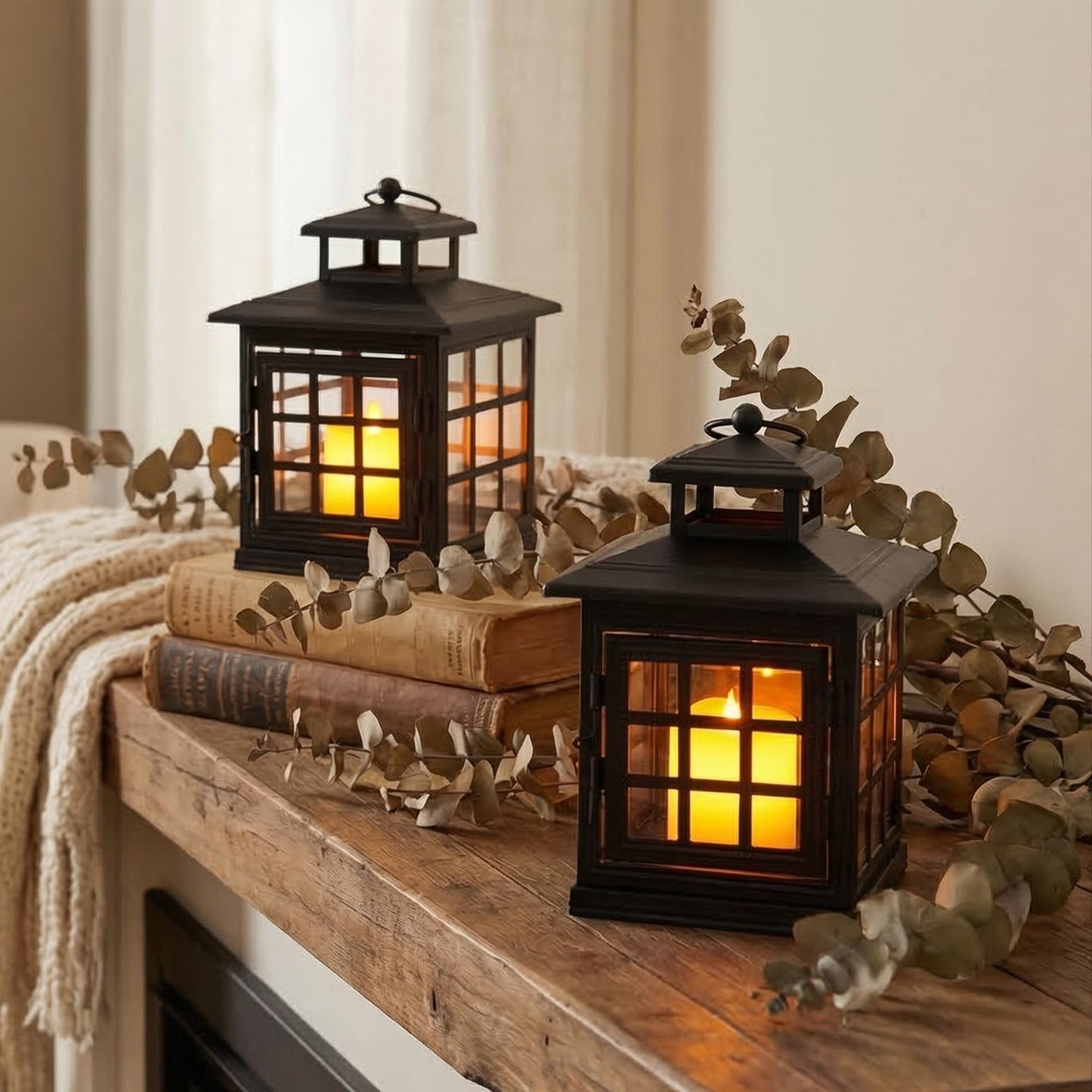 TRIROCKS Set of 2 Decorative Candle Lantern Metal Candle Holder Hanging Lantern Perfect for Home Decor Halloween Living Room Parties Events Tabletop Indoors Outdoors (Black)