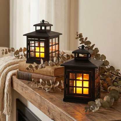 TRIROCKS Set of 2 Decorative Candle Lantern Metal Candle Holder Hanging Lantern Perfect for Home Decor Halloween Living Room Parties Events Tabletop Indoors Outdoors (Black)