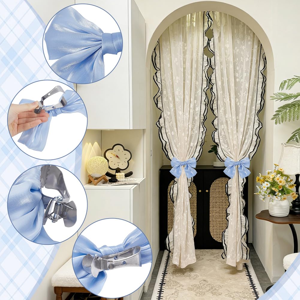 EVERJOYCRAFT 2pcs Bow Curtain Tiebacks Clip French Silky Curtain Holdbacks Elegant Lace Ribbon Tie Backs Drapery Clip for Home Bedroom Offices Dining Rooms Wedding Party Decoration (Blue)