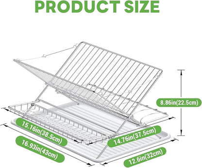Stainless Steel Foldable Dish Drying Rack, 3 Tier Large Capacity Collapsible Folding Dish Drainer with Drainboard for Kitchen Counter (Upgraded)