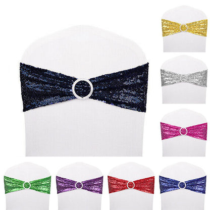 Dimatic 25 PCS Stretch Sequin Chair Sashes Chair Stretchy Spandex Bands for Wedding Reception Events Banquets Chairs Decoration (Navy)