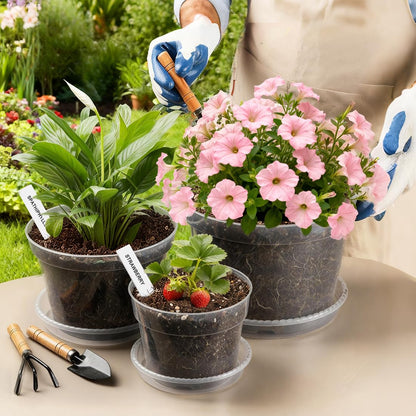10/8/6 Inch Clear Plant Pots with Drainage Hole 12 Pack, Transparent Sturdy Plastic Nursery Pots with Saucers, Plant Label, Gardening Gloves, Plant Starter Pots for Planting Seed Herb Vegetable Flower