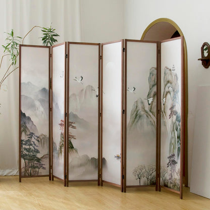 Pawlabay 6 Panel Room Divider, 5.6 ft Tall Blackout Folding Privacy Screen - Freestanding Partition Wall with Double-Sided Patterns, Ink-wash Mountain Landscape for Home Office (67" H x 94.5" W)