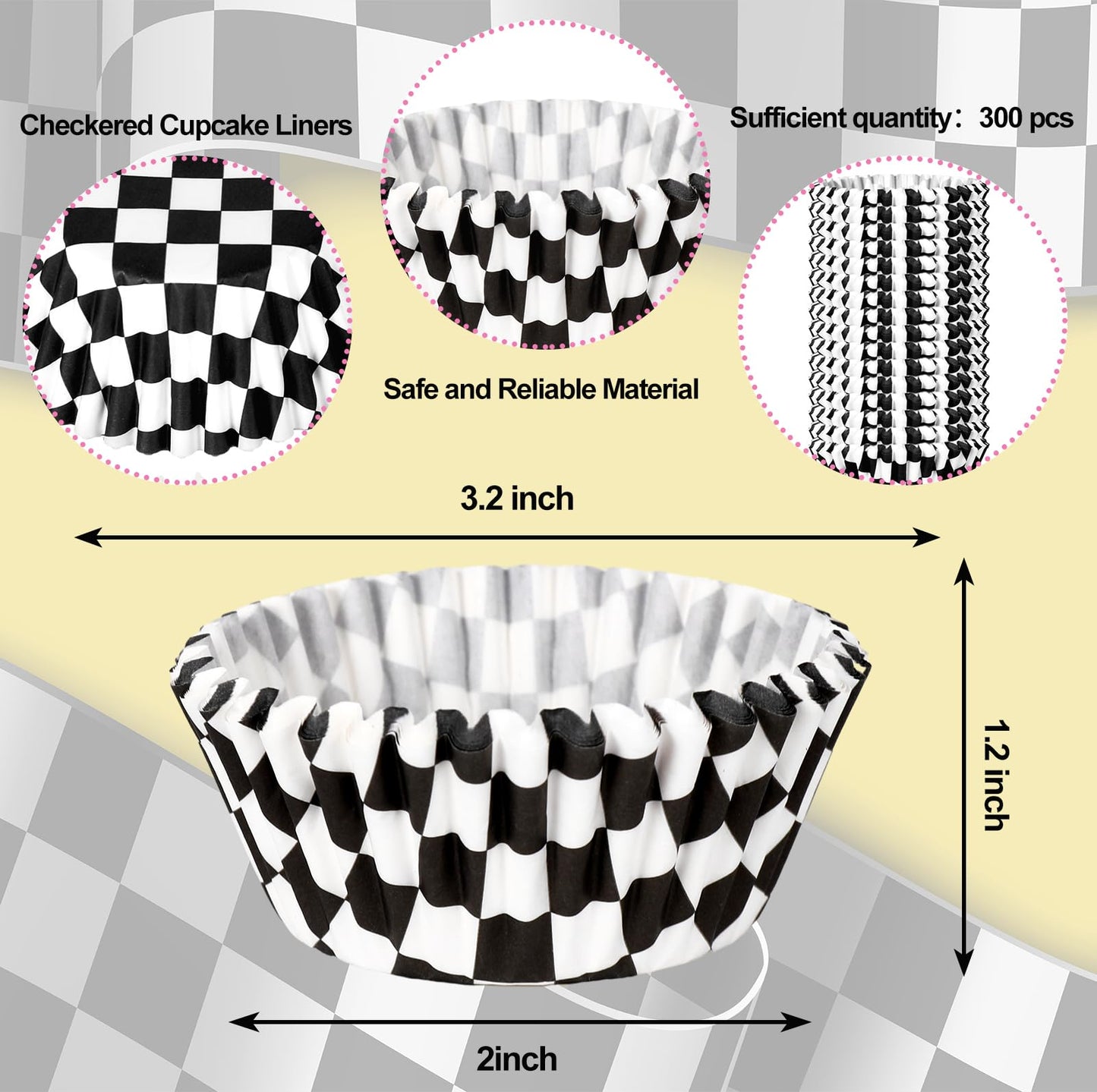 Whaline 300Pcs Checkered Cupcake Liner White Black Baking Cup Checkerboard Muffin Liner Race Car Cake Paper Cup Container for Party DIY Craft, 2x1.2 Inch