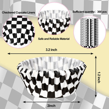Whaline 300Pcs Checkered Cupcake Liner White Black Baking Cup Checkerboard Muffin Liner Race Car Cake Paper Cup Container for Party DIY Craft, 2x1.2 Inch
