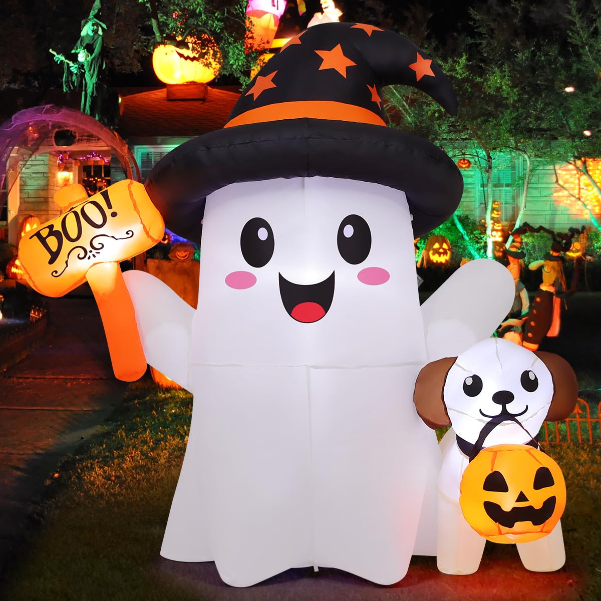 GOOSH 5 FT Halloween Inflatables Ghost Outdoor Decorations Blow Up Cute Ghost and Puppy with Hand-Held Light with Built-in LEDs for Halloween Garden Lawn Party Decor