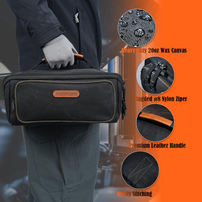 WELKINLAND LayFlat Tool Pouch Organizer, 13-Inch Small Tool Bag, Heavy-Duty Waxed Canvas Tool Pouch, 5-Pocket Small Tool Bags with Zipper, Wide-Open Electrician Tool Bag