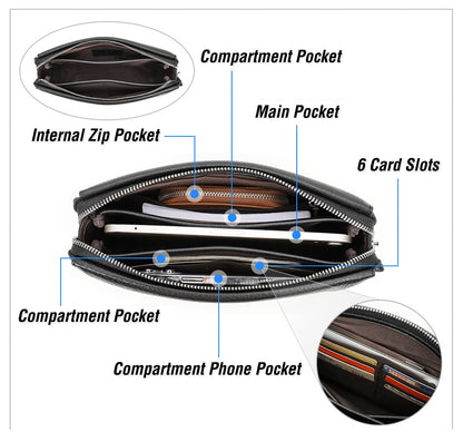 Top Grain Genuine Leather Handbag Wallet for Man & Woman, Handmade Retro Design, Combination Lock & Retractable Hand Strap & Multi Pockets/Slots, Portable RFID for Cards/Checks/Phone/Banknote, Black