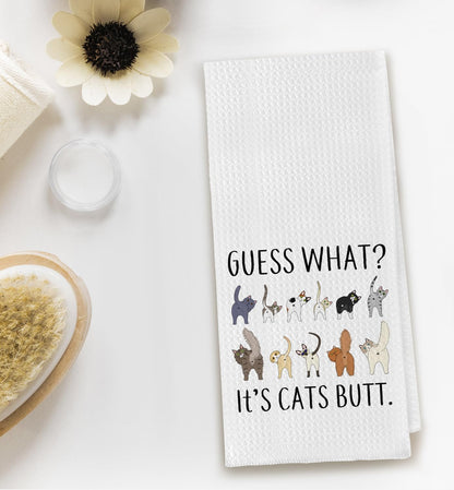 Zeghk Guess What? It's Cat Butt Funny Dish Towel for Kitchen, Cute Tea Hand Towel, Decorative Bathroom Towel, Cat Lovers Gift 16x24 Inch