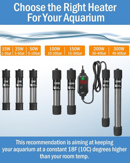 AquaMiracle Aquarium Heater 200W Fish Tank Heater for 20-40 Gal Tanks, LED Digital Display Thermostat Turtle Heater with Out-of-Water Auto Shut-Off, Overheat Protection & Memory Function