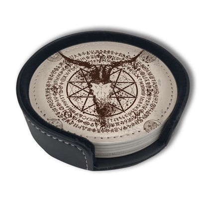 Satan Goat Skull Coasters for Drinks with Holder Leather Coasters Set of 6 for Coffee Table