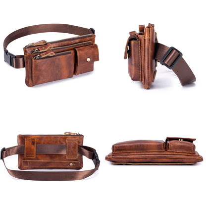 Myunxui Genuine Leather Fanny Pack Waist Bag for Men Women Clutch Bag Hip Bum Travel Pouch Sling Crossbody Chest Bags Shoulder Daypack Multiple Pockets Waist Pack Brown