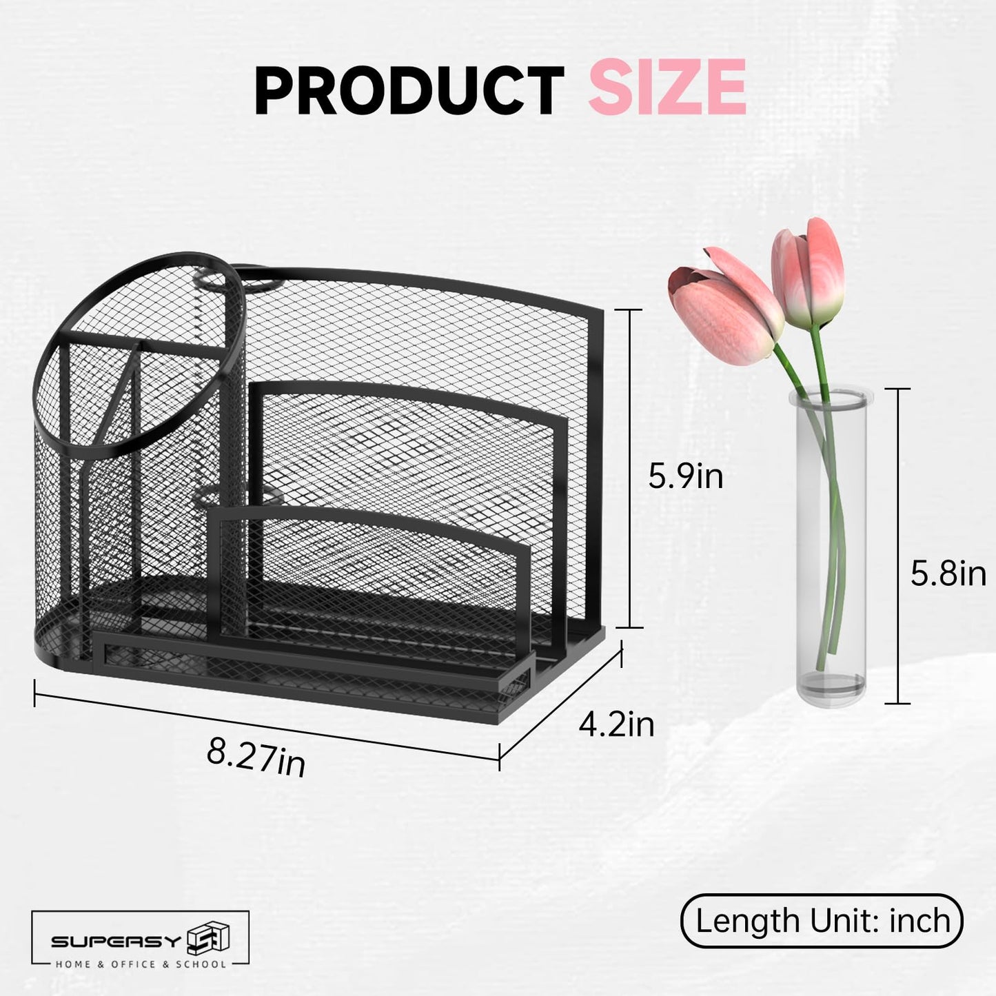 SUPEASY Desk Organizer with 3 Compartment Pen Holder, 3-Slot Mail Organizer and Flower Tube, Metal Mesh Bill Organizer for Pencil, Envelope, Letter and Office Supplies, Black