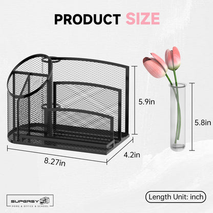 SUPEASY Desk Organizer with 3 Compartment Pen Holder, 3-Slot Mail Organizer and Flower Tube, Metal Mesh Bill Organizer for Pencil, Envelope, Letter and Office Supplies, Black