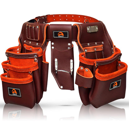 ABRIX Heavy Duty Tool Belt for Men – 4MM Thick Genuine Leather, Brass Buckle & Rivets | Foam Padded Comfort | 28-Pocket Carpenter & Framing Rig with Suspender | Work Belt Fit upto 32" to 52"
