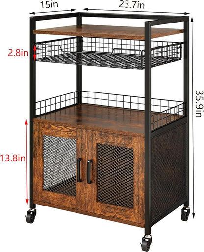 Hencawima Coffee Bar Cabinet, 3 Tier Coffee Station Table on Wheels, 35.9" H Bar Cart with Wire Basket Drawer & 5 Hooks for Home Kitchen, Liquor Buffet Sideboard Cabinet (Rustic Brown)