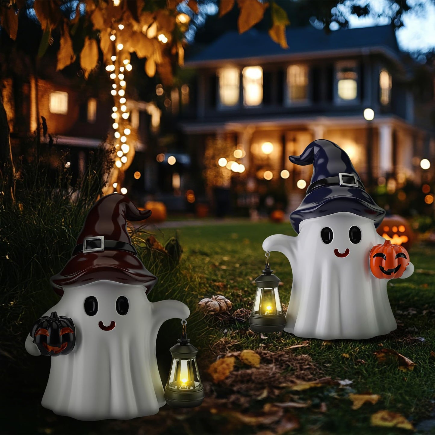 Suzile 2 Pack Halloween Outdoor Decoration 9.5 Inch Spooky Ghost Statues with Solar Lantern Light Pumpkin for Garden Halloween Figurine Cute Resin Ghost for Lawn Patio Party Indoor Home Decor Gift