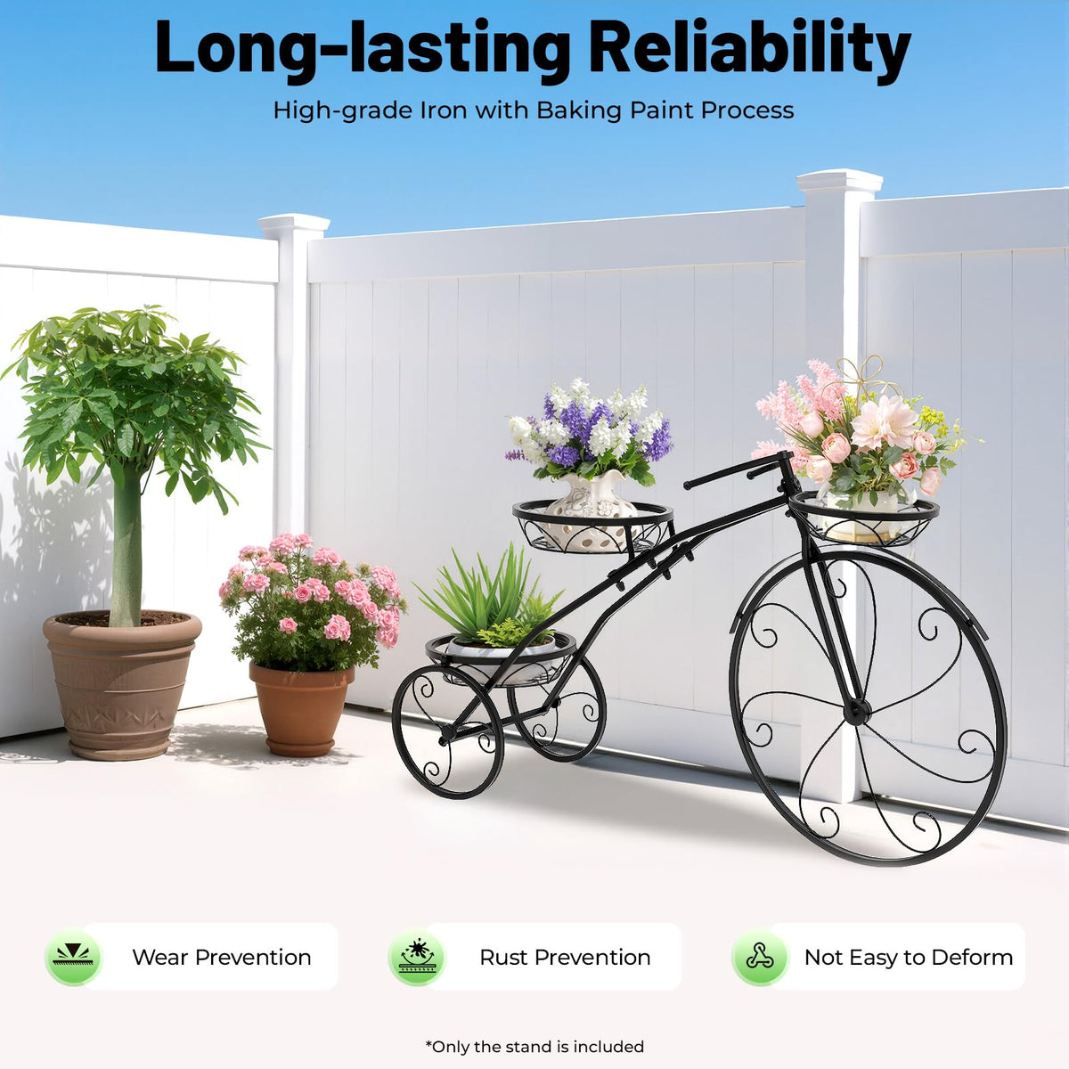 XEJMEOO Flower Cart, Bicycle Planter Stands 3 Tier Tricycle Flower Plant Stand Plant Corner Shelf with 3 Decorative Wheels Parisian Style Flower Display Stand Cart for Terraces Porches Gardens