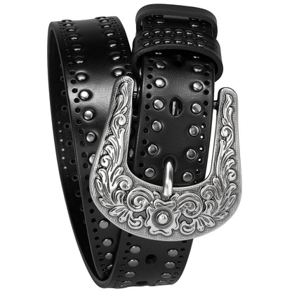 Womens Western Leather Belts 35mm Studded Belt with Vintage Silver Buckle