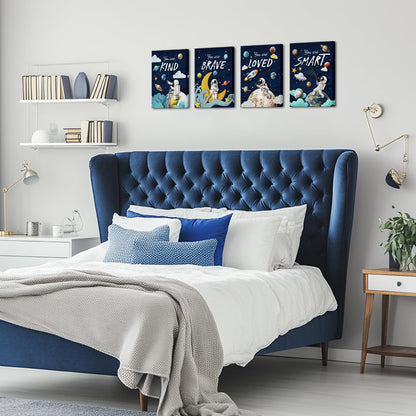 LoveHouse Space Wall Art Astronaut Kids Room Wall Decor Inspirational Quotes Canvas Prints Cosmic Painting for Nursery Classroom (Deep Blue)