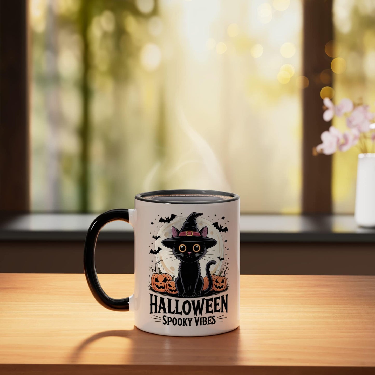 Halloween Spooky Vibes Cat Cute Black Witch Coffee Lover Ceramic Mug, Black/White