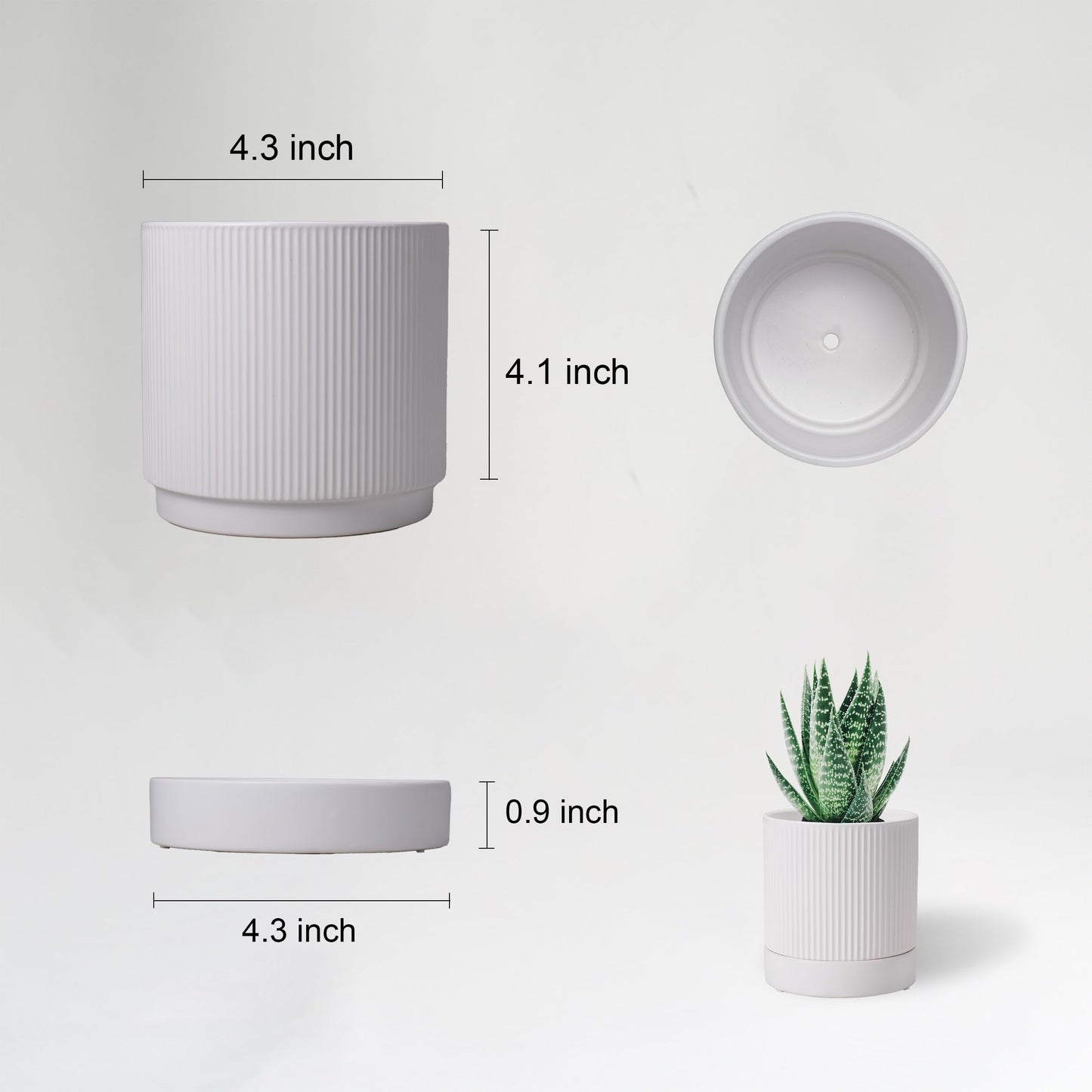 HERDUK Small Plant Pots, 4 Inch Pots for Indoor Plants, Modern Minimalist Ceramic Plant Pots with Drainage Hole & Saucer, White Set of 2
