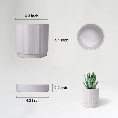 HERDUK Small Plant Pots, 4 Inch Pots for Indoor Plants, Modern Minimalist Ceramic Plant Pots with Drainage Hole & Saucer, White Set of 2