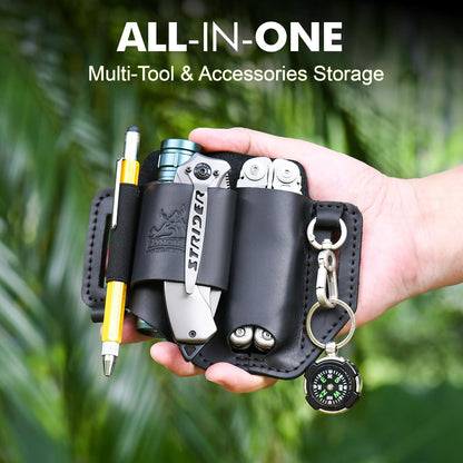 FLYHOMES Genuine Leather Multitool Sheath | Handmade Stitched EDC Belt Organizer for Leatherman Surge | Flashlight, Knife Holster, Pen & Tools Pouch | Black (Large)