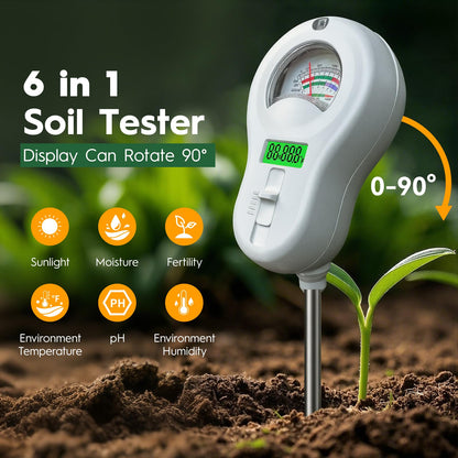 6-in-one Soil Test Kit-Soil Moisture Meter/PH Meter/Fertility/Sunlight Intensity Soil Tester, LCD Air Hygrometer&Temperature Moisture Meter for Plants-Garden, Lawn,Farm,2 Pack Detachable Probe