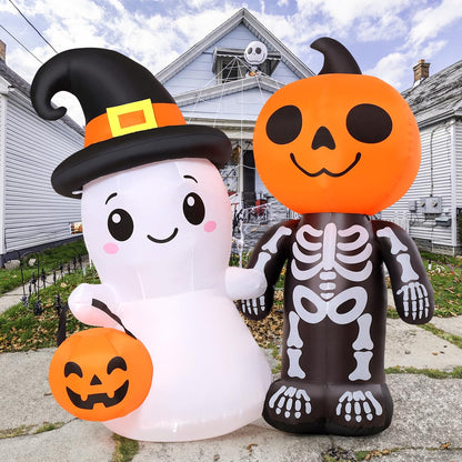 GOOSH 5.4FT Halloween Inflatables Outdoor Decoration Blow Up Yard Cute Ghost and Skull Pumpkin with Built-in LEDs for Indoor Party Garden Lawn Holiday Decor