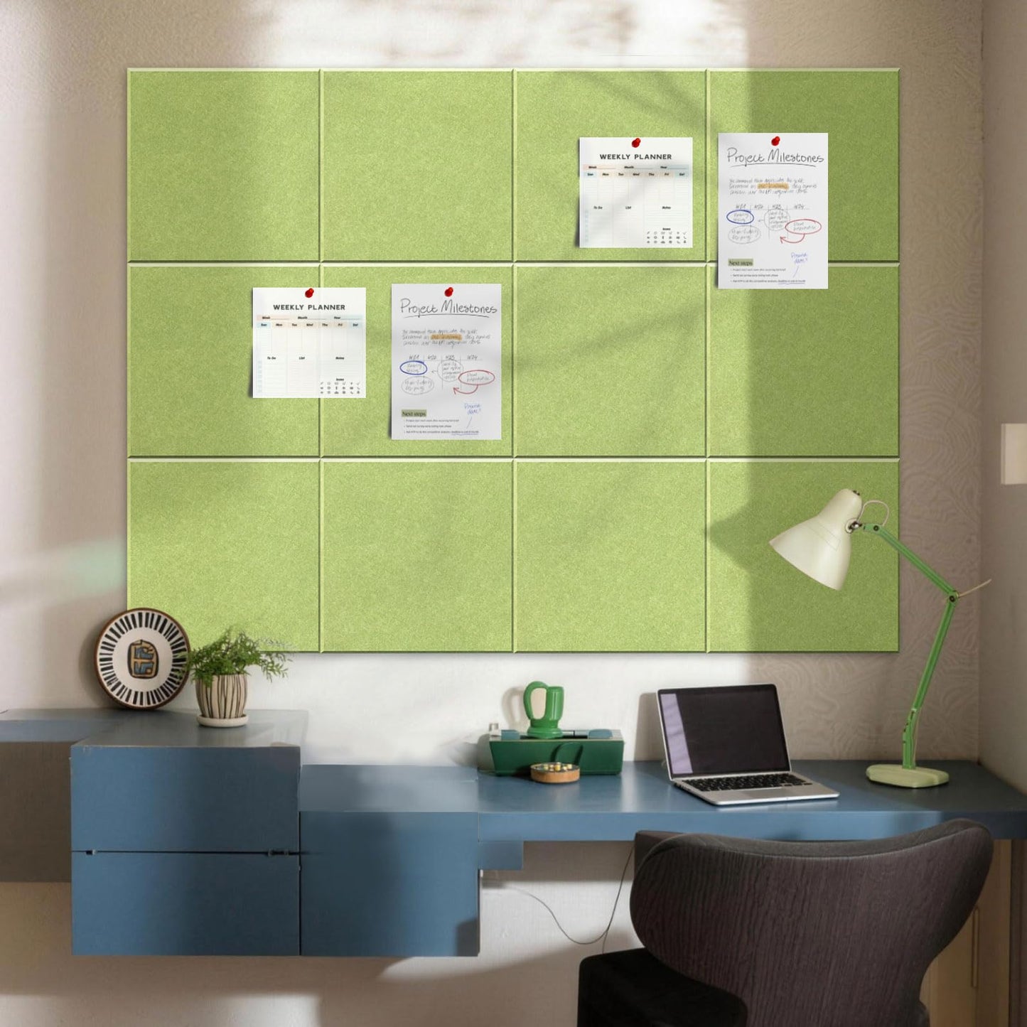 MISSDAY Green Acoustic Wall Panel Large Felt Bulletin Board 48" x 36" Cork Board for Wall, 12-Pack Boards with 72 Adhesive Tabs, 50 Pins, Pin Board for Home Office Classroom Soundproof Wall Tile
