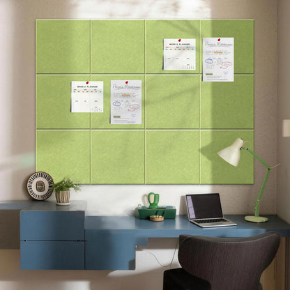 MISSDAY Green Acoustic Wall Panel Large Felt Bulletin Board 48" x 36" Cork Board for Wall, 12-Pack Boards with 72 Adhesive Tabs, 50 Pins, Pin Board for Home Office Classroom Soundproof Wall Tile